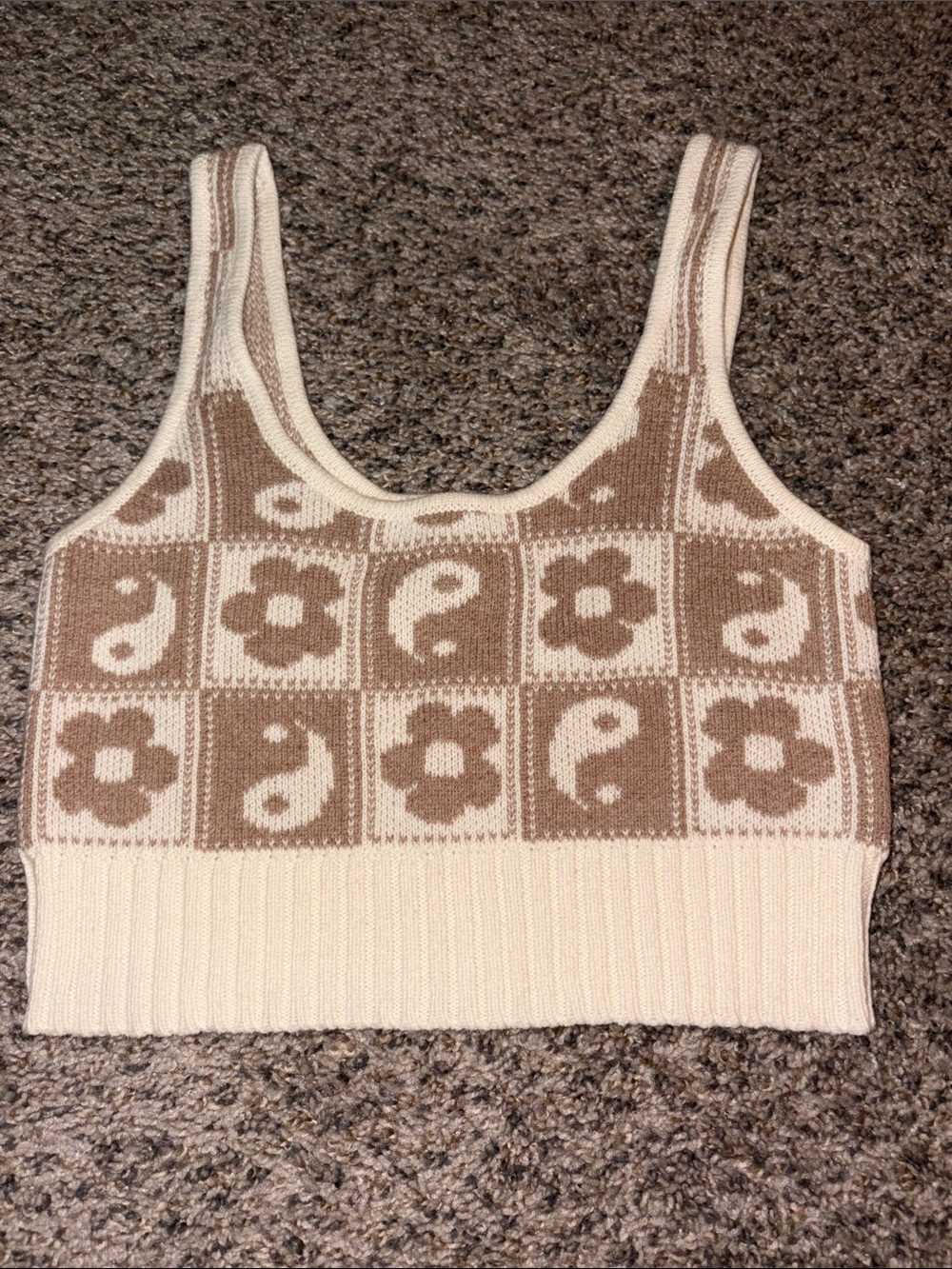 American Eagle Outfitters Cream & Brown Floral Yin-Yang Knit Crop Tank